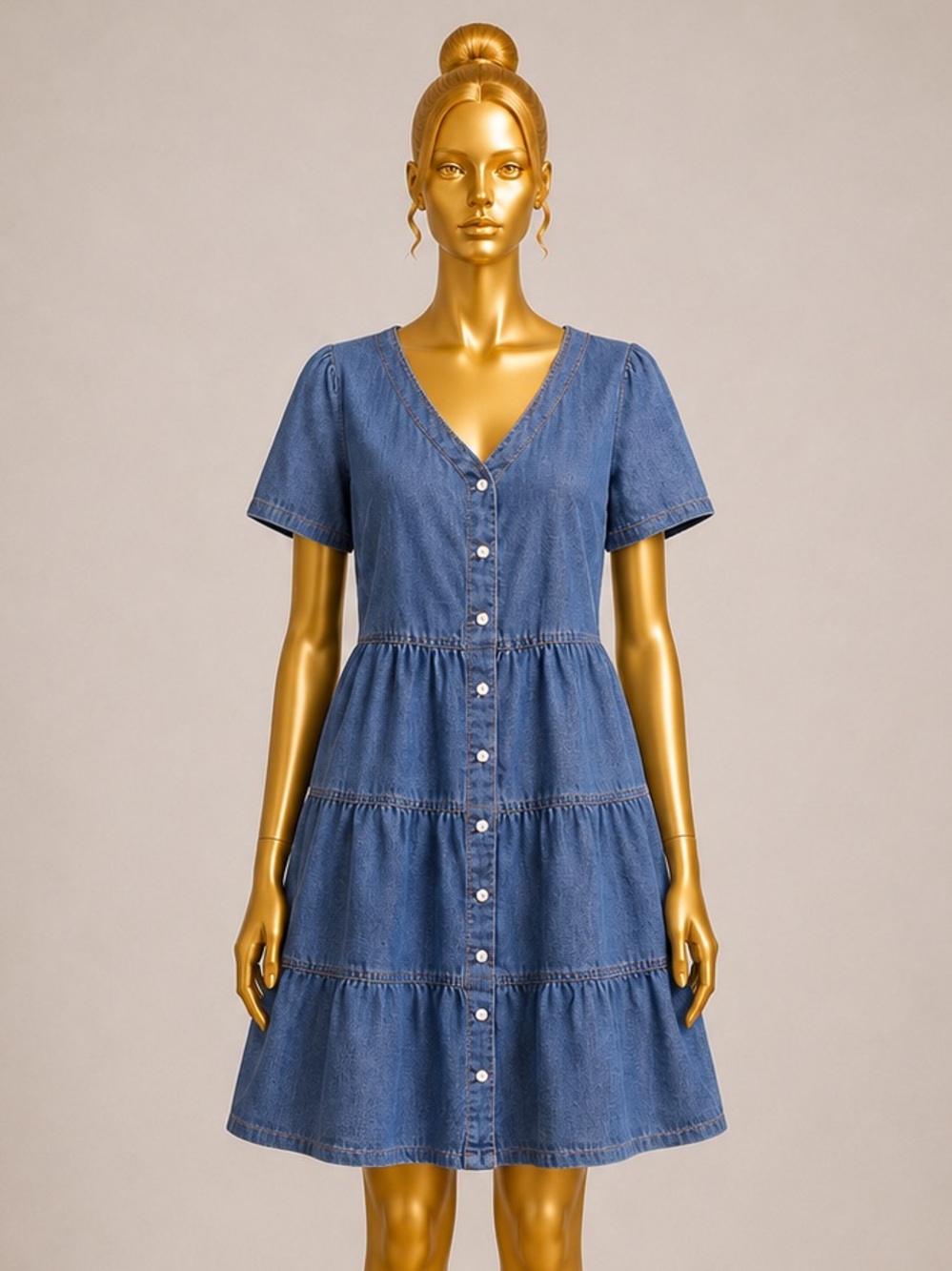 Denim Button-Front Tiered Mini Dress - Blue